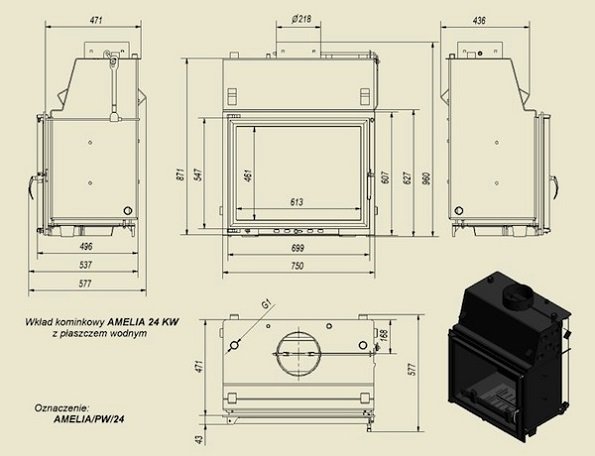 Топка с водяным контуром AMELIA/PW/24/GLASS, двойное стекло_1 Топка с водяным контуром AMELIA/PW/24/GLASS, двойное стекло_1